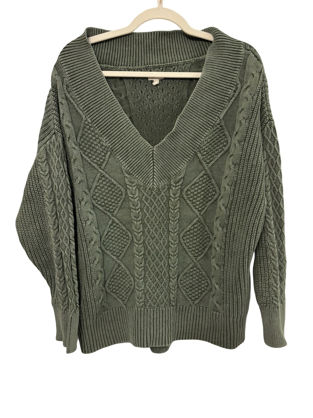 aerie Olive Cable-Knit V-Neck Sweater